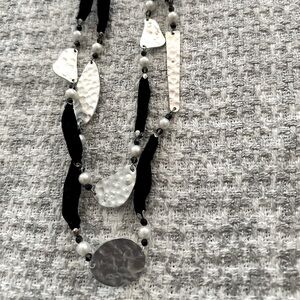 Stunning Statement Piece of Silver, Ribbon and Leather Long Double Necklace NWOT